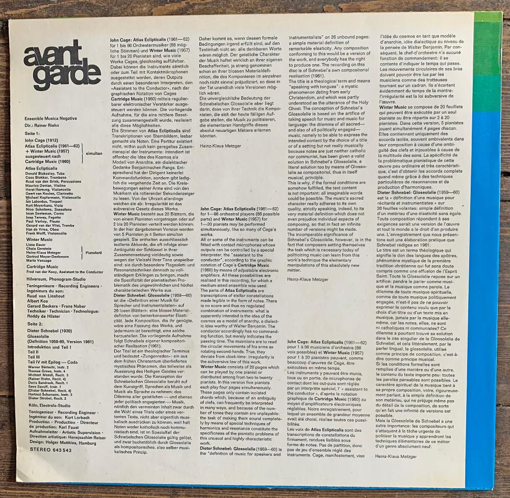 John Cage & Dieter Schnebel: Ensemble Musica Negativa & Rainer Riehn - Atlas Eclipticalis • Winter Music • Cartridge Music / Glossolalie